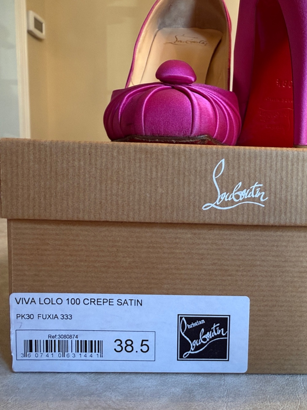 Christian Louboutin Fuchsia Satin Ruched Peep-Toe Pumps - Picture 7 of 8